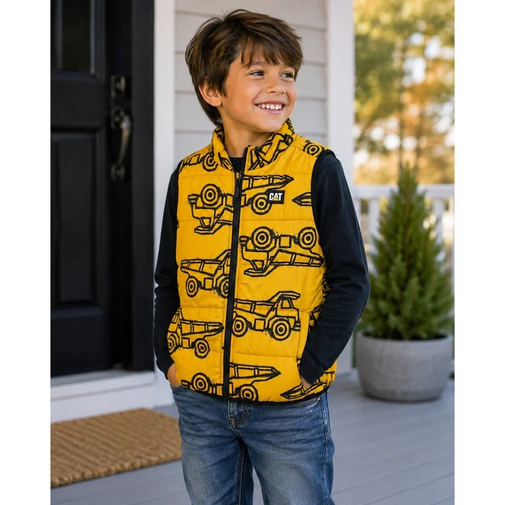 CAT Puffer Vest Size 6 Yellow Construction Dump Truck Print Quilted Vest #1287